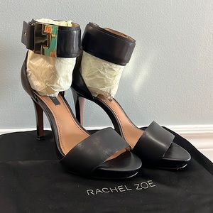 Rachel Zoe, size 6, Stevie leather 100mm heels with ankle strap & gold buckle.